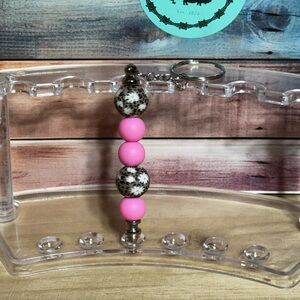 Pink and Black Leopard Print Beaded Keychain